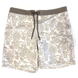 Katin Boardshorts Men's 34 White/Taupe Floral Swim Trunks Beach Comfort
